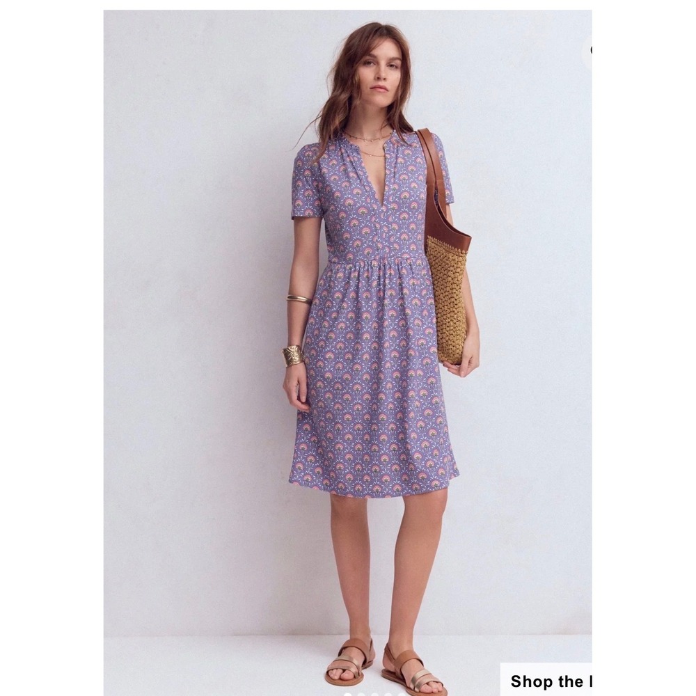 Boden Naomi Purple Floral V-Neck Jersey Dress Short Sleeve Pockets Size 0